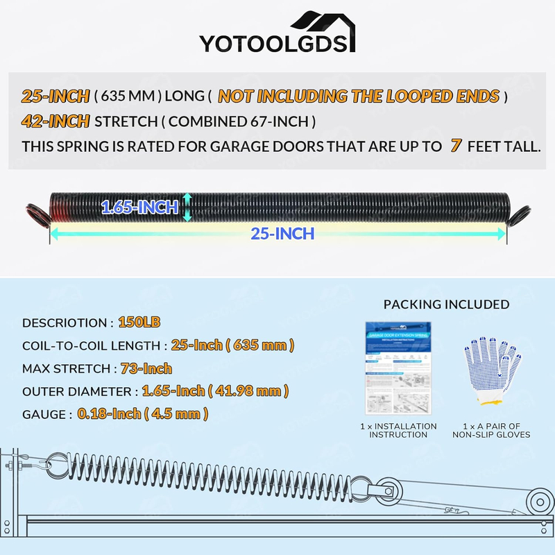 150lb 25” Long Garage Door Extension Springs